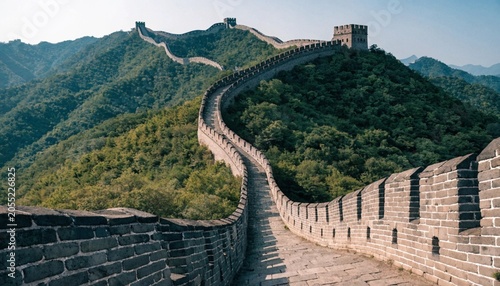 Typical view of Great Wall of China restored Mutianyu section, double crenels and wide stone paved walkway, Beijing, China.