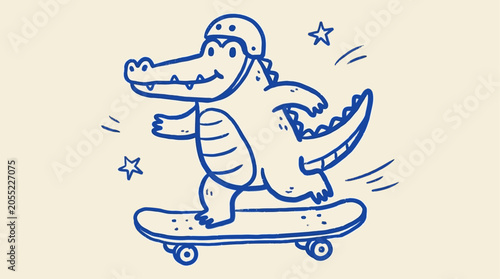 Playful Crocodile Riding Skateboard, Naive Hand Drawn Doodle with Bold Outlines, Cute Reptile Character Illustration, Minimalist Flat Vector Graphic, Urban Street Sport Animal Art
