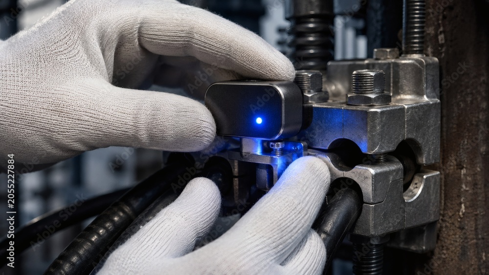Naklejka premium Close up of Hands Fitting Industrial Thermal Sensor
