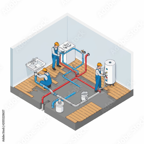Plumbers Installing Water Heater and Pipes in Isometric Room.