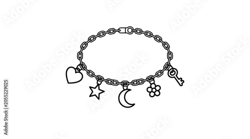 Delicate Charm Bracelet with Heart Star Moon Flower and Key Pendants.