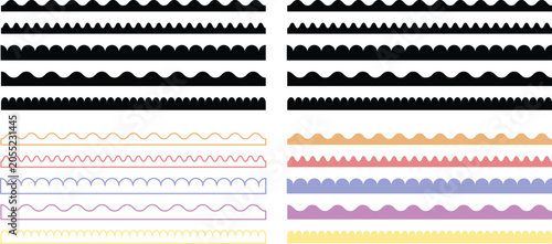 scalloped border divider edge. Circular edge seamless border shape . wavy dividers and trim elements. Repeat cute vintage frill ornament. Texture ribbons symbols