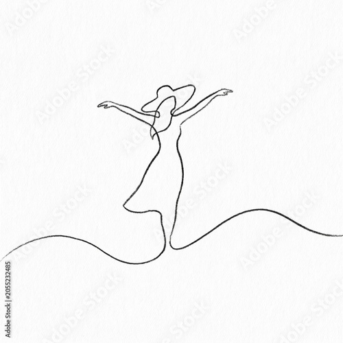 Abstract minimalist woman with open arms line art. Continuous single line vector drawing of a girl in a hat enjoying freedom on a wavy horizon line. Hand drawn without artificial intelligence, vector 