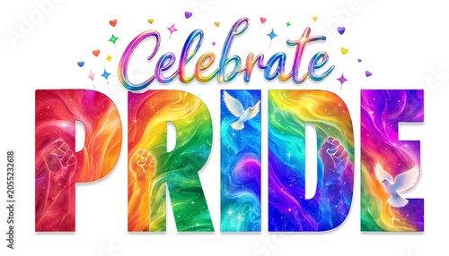 Celebrate Pride colorful lettering with raised fists and doves symbolizing unity and freedom