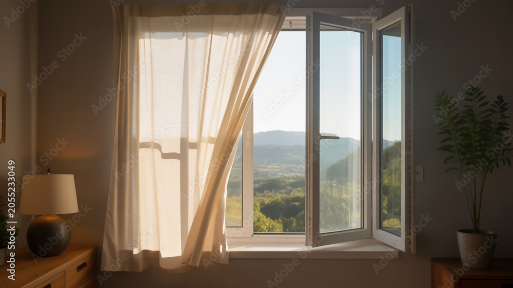 Obraz premium Open window with sheer curtains and a view of rolling hills at sunrise image gently