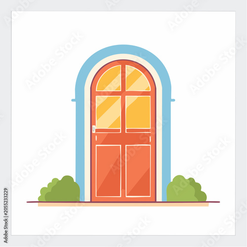 Illustration of an arched red door with glass panes and green bushes