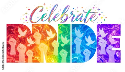Colorful abstract background with raised fists and flying doves symbolizing celebration and unity