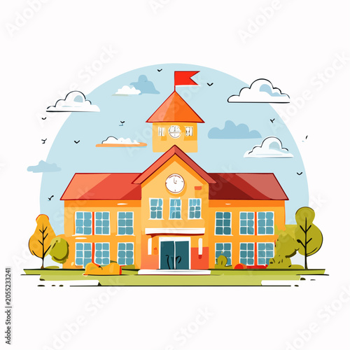 Illustration of a School Building with a Clock Tower and Flag