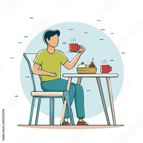 Man enjoying dessert and coffee at a table