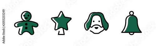 Christmas and Holiday Celebration Line Icons Set featuring gingerbread cookie, Christmas tree, Santa Claus portrait and jingle bell. Modern outline vector collection with bold black stroke