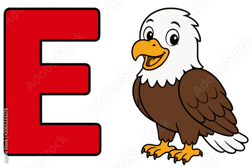 Cute Cartoon Eagle with Red Letter E for Kids Education