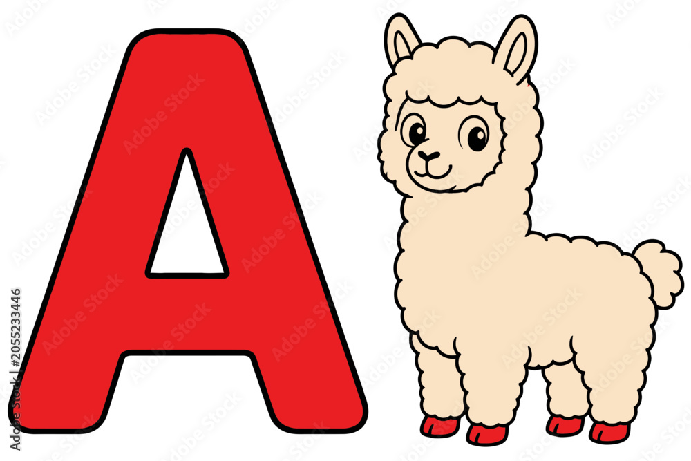 Fototapeta premium Red Letter a with Cute Baby Alpaca Illustration