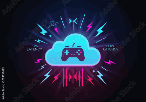 Cloud gaming concept with game controller and neon cloud.