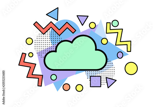 Abstract colorful Memphis style background with cloud icon.