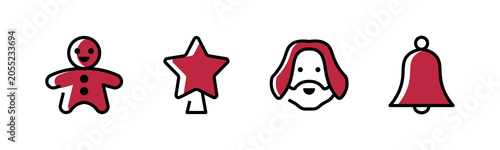 Christmas and Holiday Celebration Line Icons Set featuring gingerbread cookie, Christmas tree, Santa Claus portrait and jingle bell. Modern outline vector collection with bold black stroke