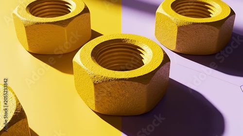 Cluster of Three Brass-Colored Hex Nuts Placed on a Striped Yellow and Purple Background
