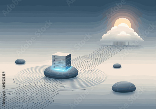 Abstract surreal landscape with digital circuit paths and servers.