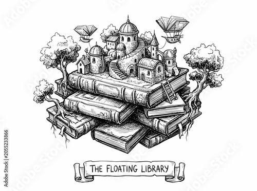 Photos Fantasy Floating Library Castle on Stack of Old Books, Airships Above
