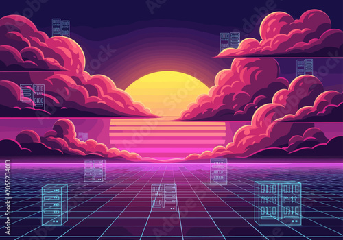 Retro synthwave digital landscape with sunset and server clouds.