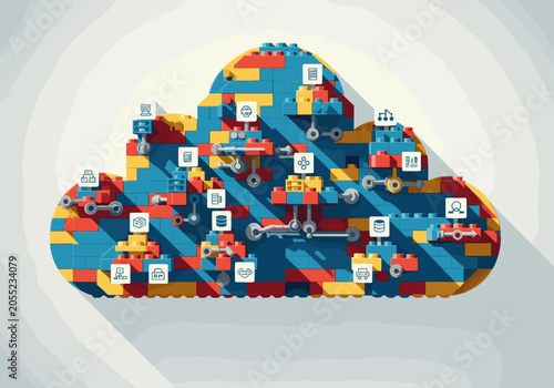 Cloud computing concept built with colorful plastic toy bricks.