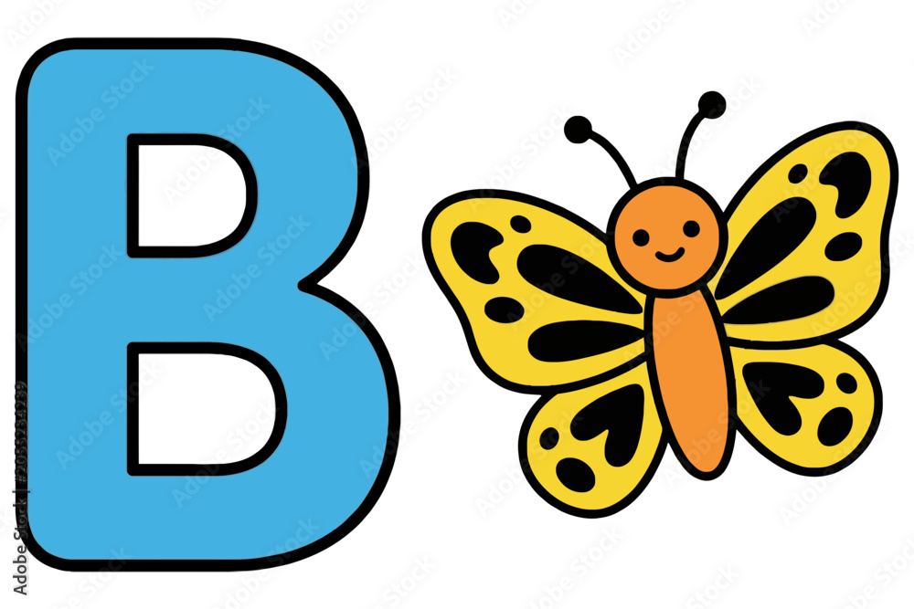 Fototapeta premium Blue Letter B with Yellow Butterfly Illustration for Kids Education