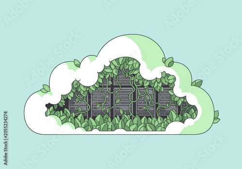 Green eco-friendly data center inside a white cloud outline.