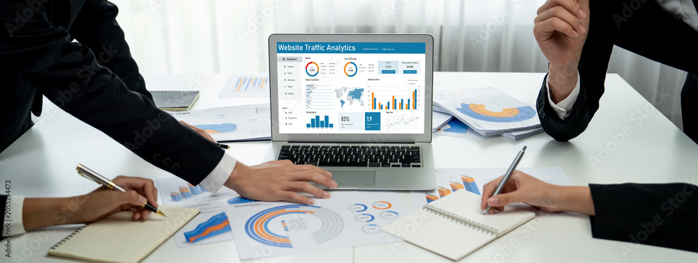 Naklejka premium Computer software for website traffic analytics data on computer screen. Concept of SEO search engine optimization and customer targeting for online business brisk