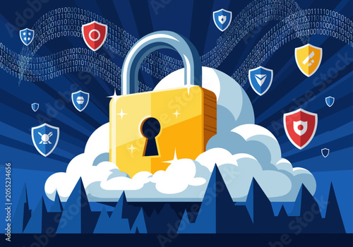 Golden padlock on a cloud surrounded by shield icons.