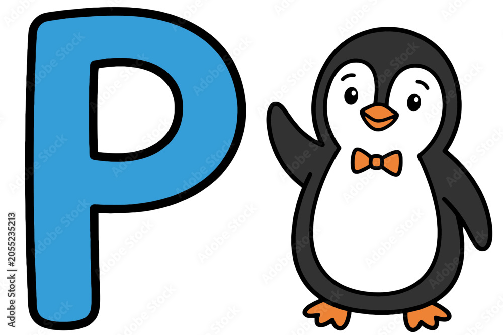 Fototapeta premium Penguin Character with Blue Letter P for Alphabet Learning