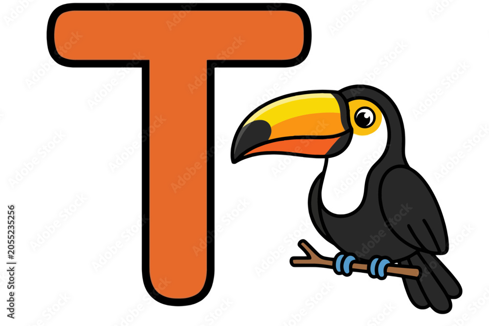 Fototapeta premium Orange Letter T with Toucan Bird Sitting on Branch