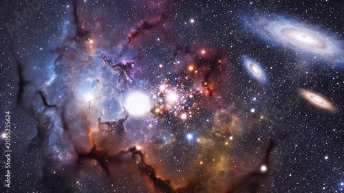 Dramatic Interstellar Nebula with Fiery Colorful Gas Clouds and Distant Spiral Galaxies