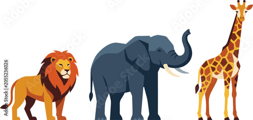 Photography African Safari Wild Animals Vector Set with African Lion Large Elephant and Tall