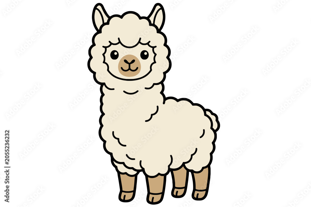 Fototapeta premium Cute Fluffy Alpaca Standing Isolated Cartoon Style