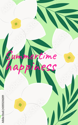 Hawaii. Summer vertical background. White plumeria flowers and branches with green bamboo leaves on a green background. Text 