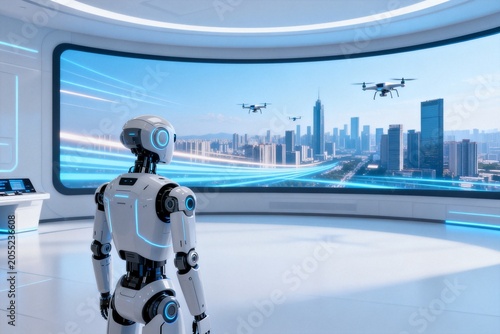Futuristic robot observing drones in a high-tech control room