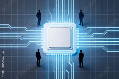 Businessmen Surrounding a Futuristic Microchip