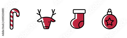 Christmas holiday line icons featuring candy cane, reindeer, stocking and ornament. Modern outline vector set