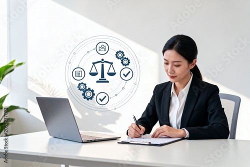 Businesswoman working with digital icons in modern office