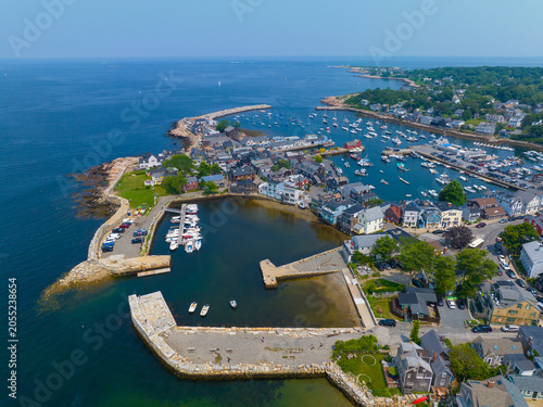 Fotografie Rockport Harbor aerial view including Bearskin Neck and Motif Number 1 building in historic waterfront village of Rockport, Massachusetts MA, USA