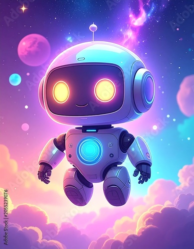 Cute Futuristic Robot Floating in Colorful Cosmic Sky