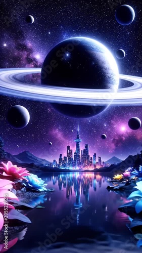 Floating Portal City Under Cosmic Rings with Luminous Lotus Flowers