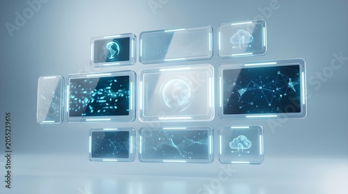 Futuristic interface panels with glowing screens on a sleek surface