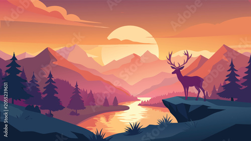 Deer silhouette on cliff overlooking valley during sunset with mountains and lake vector illustration