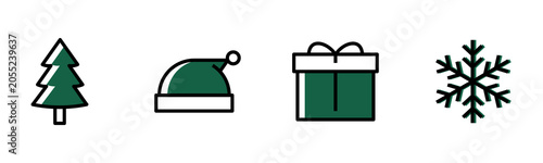 Christmas line icons set with Christmas tree, Santa hat, gift box and snowflake. Modern outline vector collection with festive red or green accents