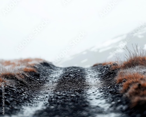 Haunting valley trail buried in heavy mist, figures halfvisible in the fog