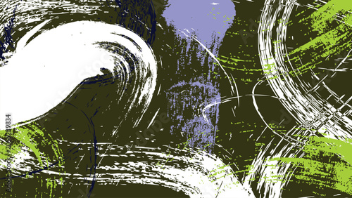 Abstract grunge background with expressive paint brush strokes and colorful textured splatters