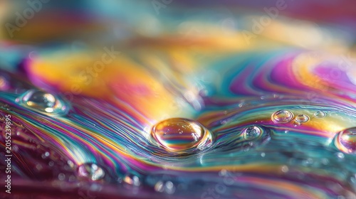 Abstract rainbow liquid surface with droplets