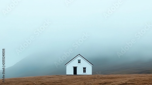 Abandoned cottage in misty valley, haunting atmosphere and faded color