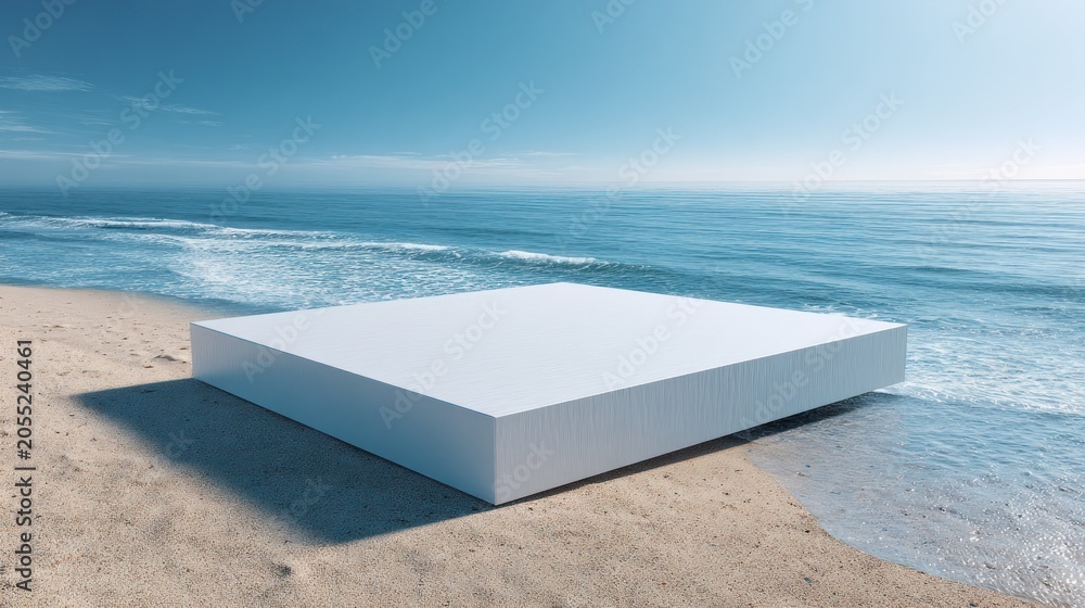 Fototapeta premium Minimalist white platform rests on a sunny beach beside gently rolling ocean waves