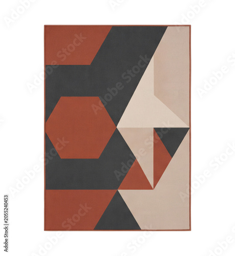 Modern geometric abstract rug with terracotta, black and beige angular shapes